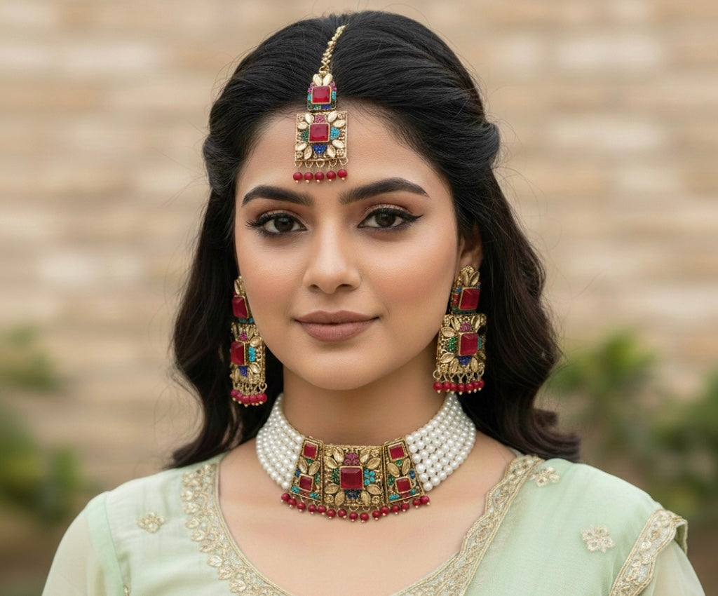 Ruby-Tone Zircon Pearl Choker