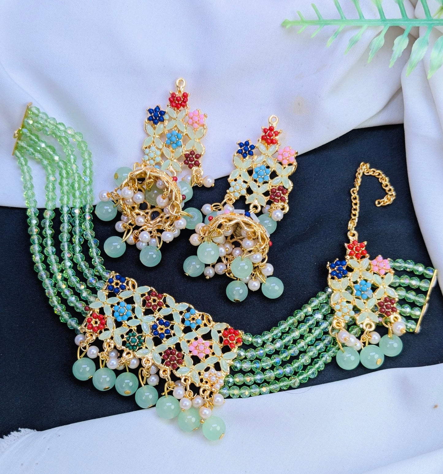 Multicolor Floral Beaded Choker Set with Green Strands