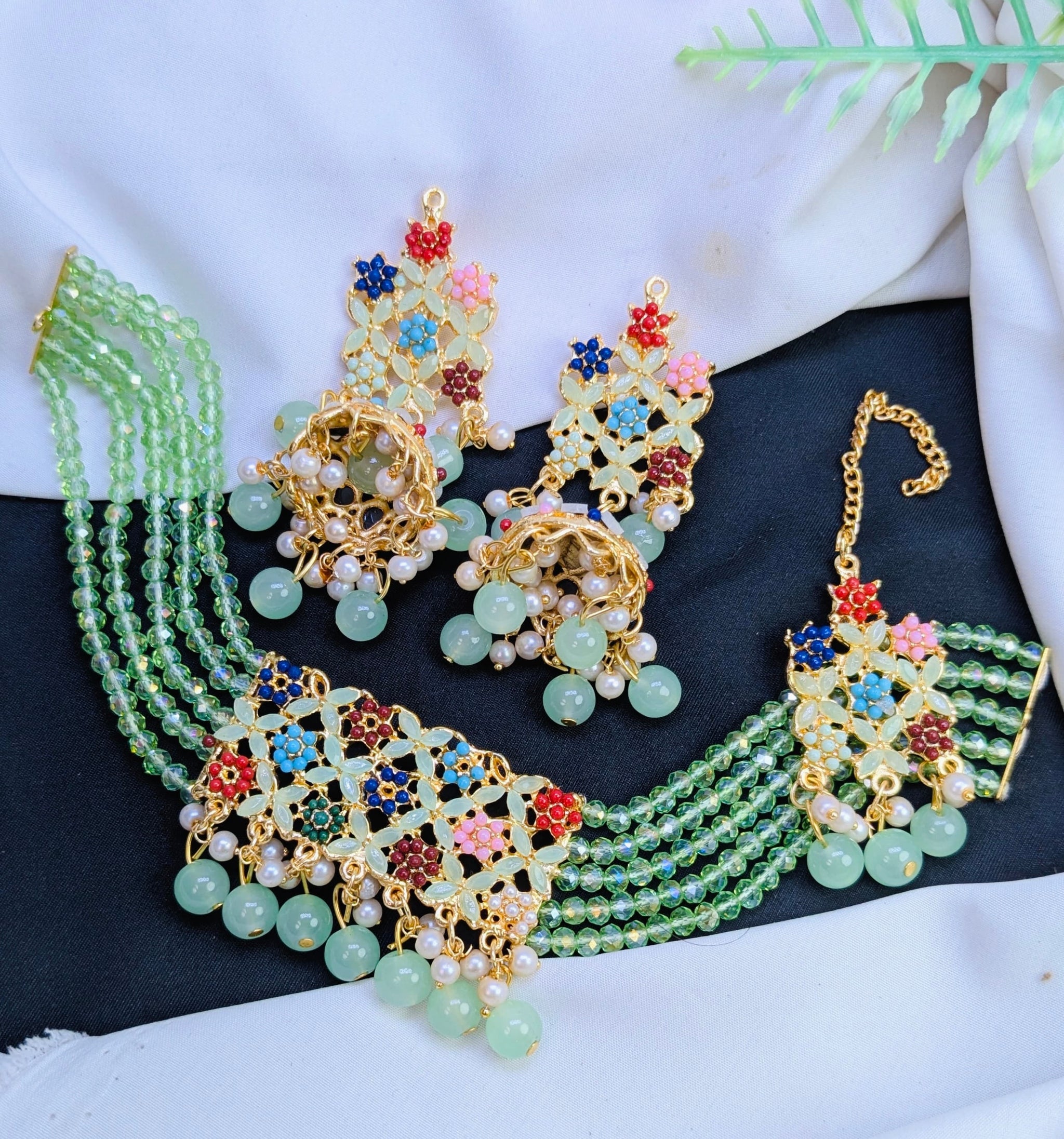 Multicolor Floral Beaded Choker Set with Green Strands
