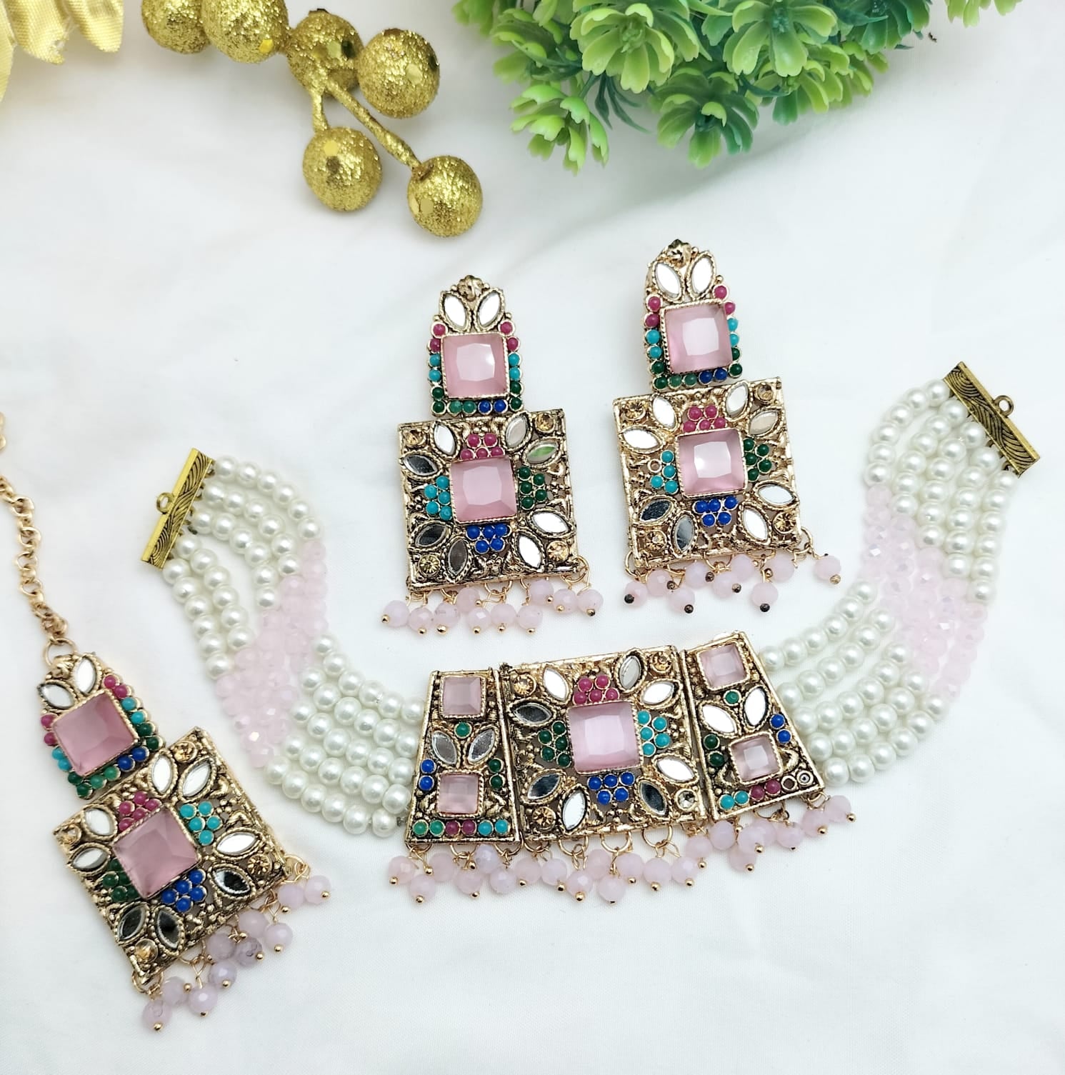 Pink Square Zircon Pearl Choker Set