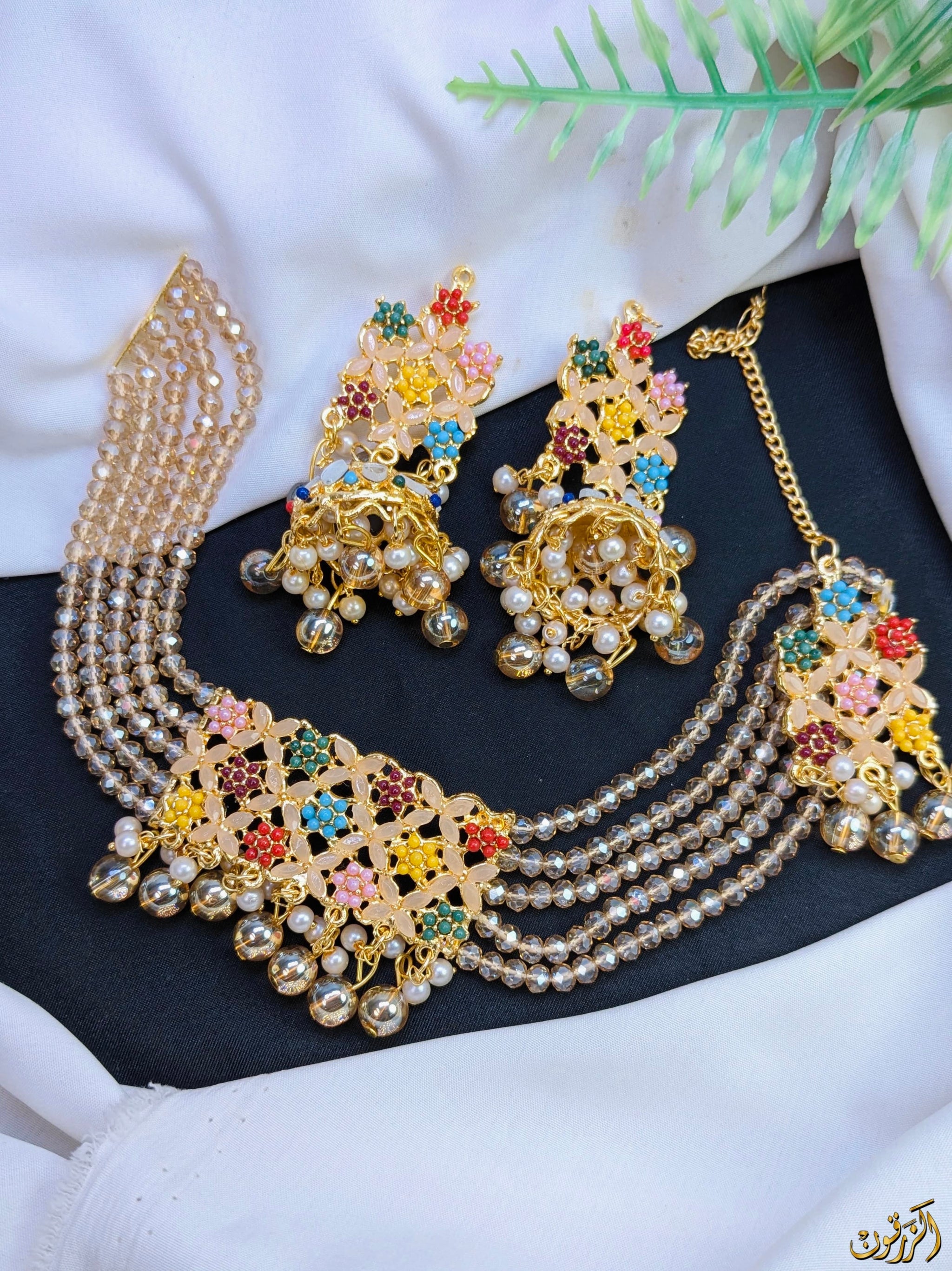 Multicolor Floral Beaded Choker Set – Gold Finish