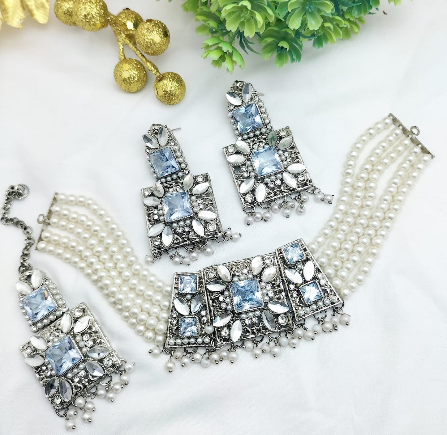 Antique Silver Zircon Pearl Choker Set