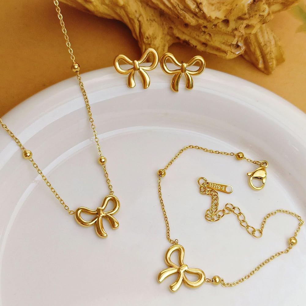 Stainless steel bow necklace set