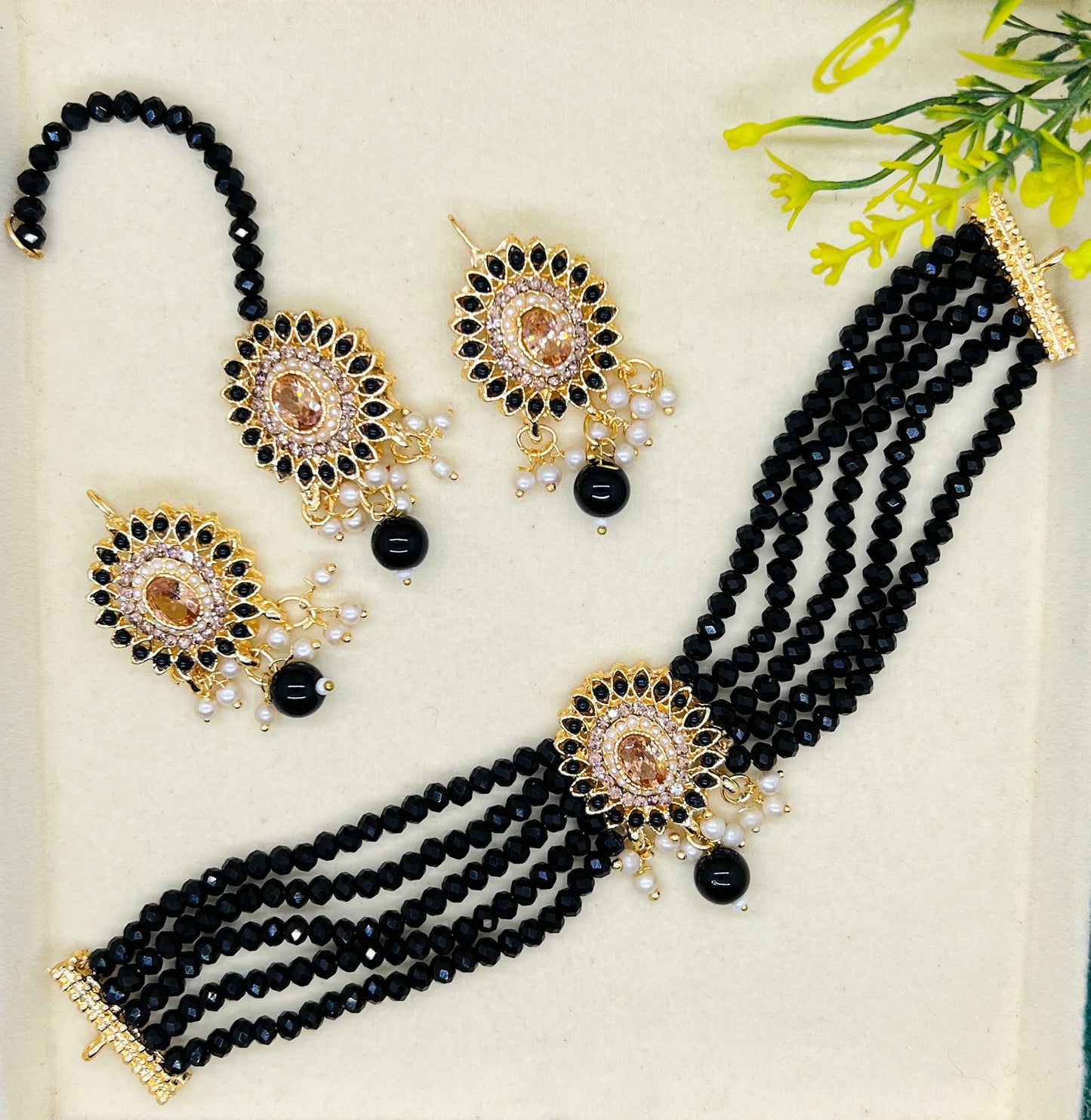 Black Beaded Choker Set – Gold Finish
