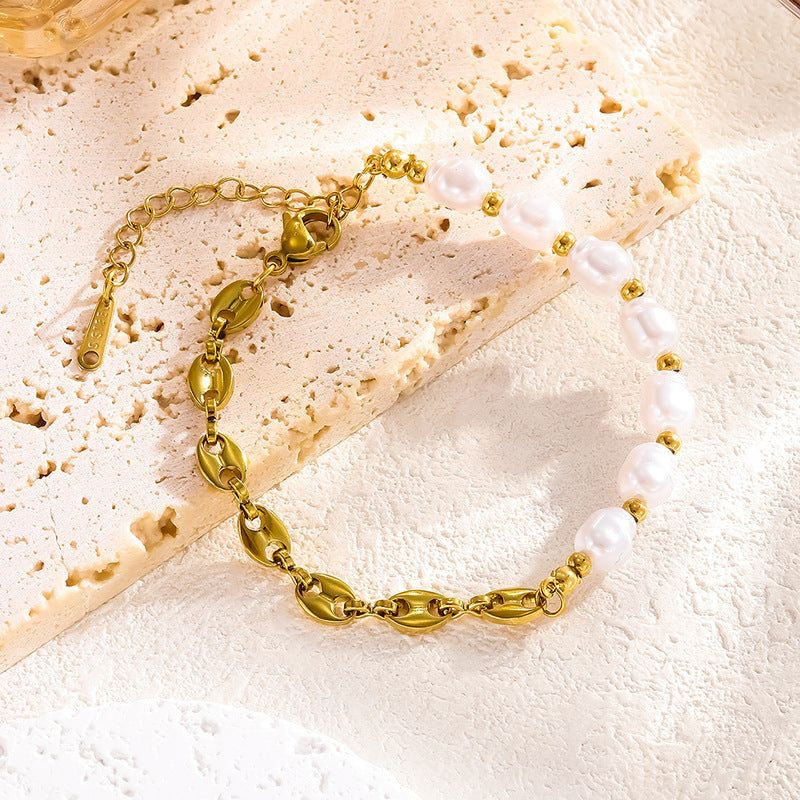 pearl gold link bracelet stainless steel