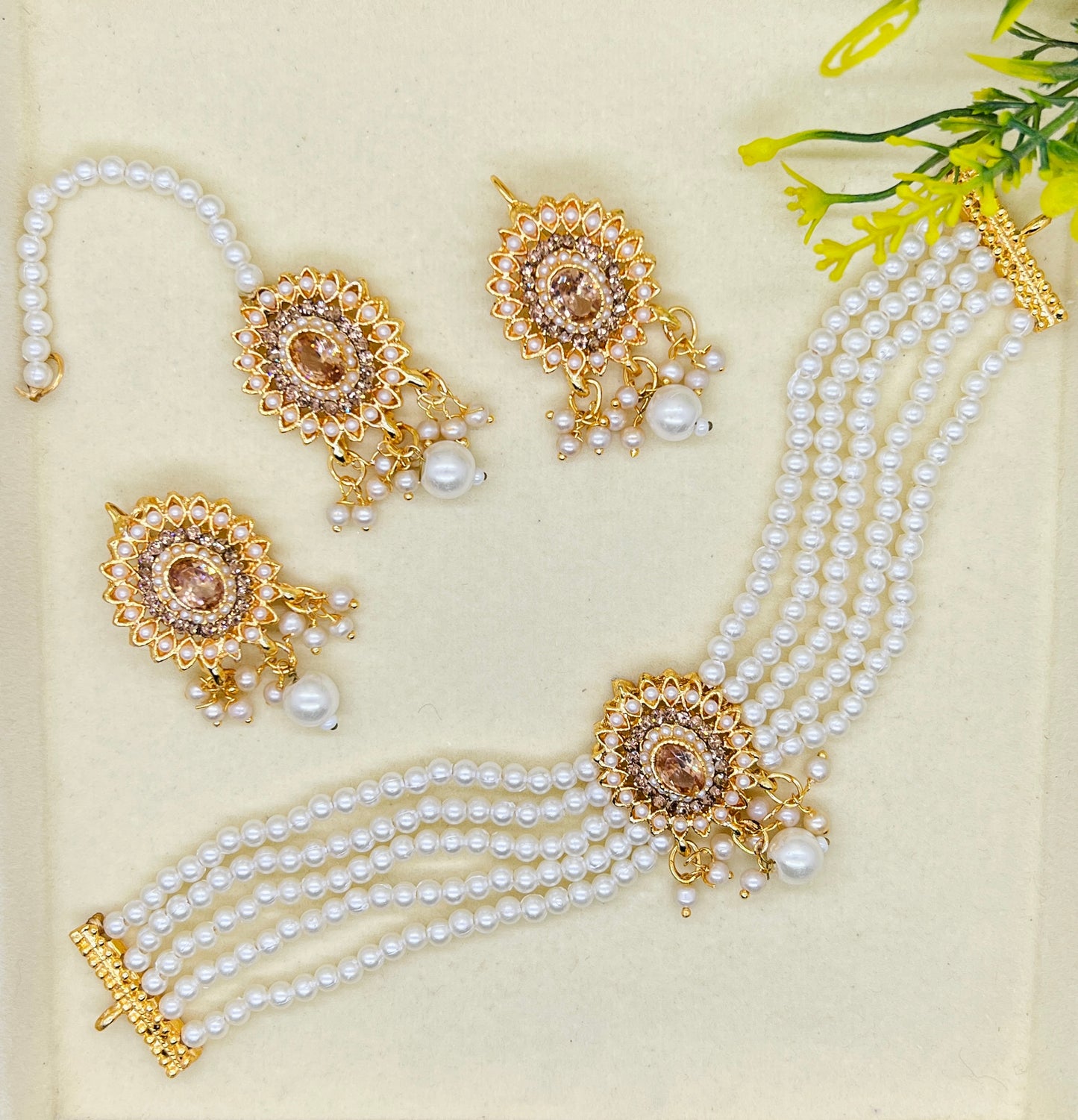 White Pearl Choker Set – Gold Finish
