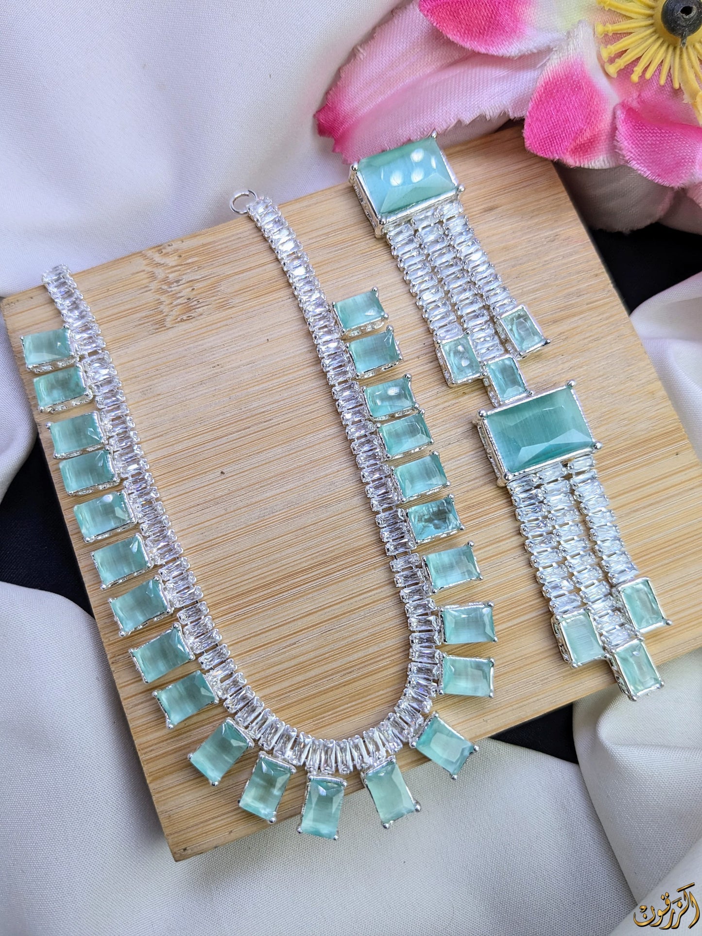 Aquamarine Zircon Necklace Set – Silver Finish