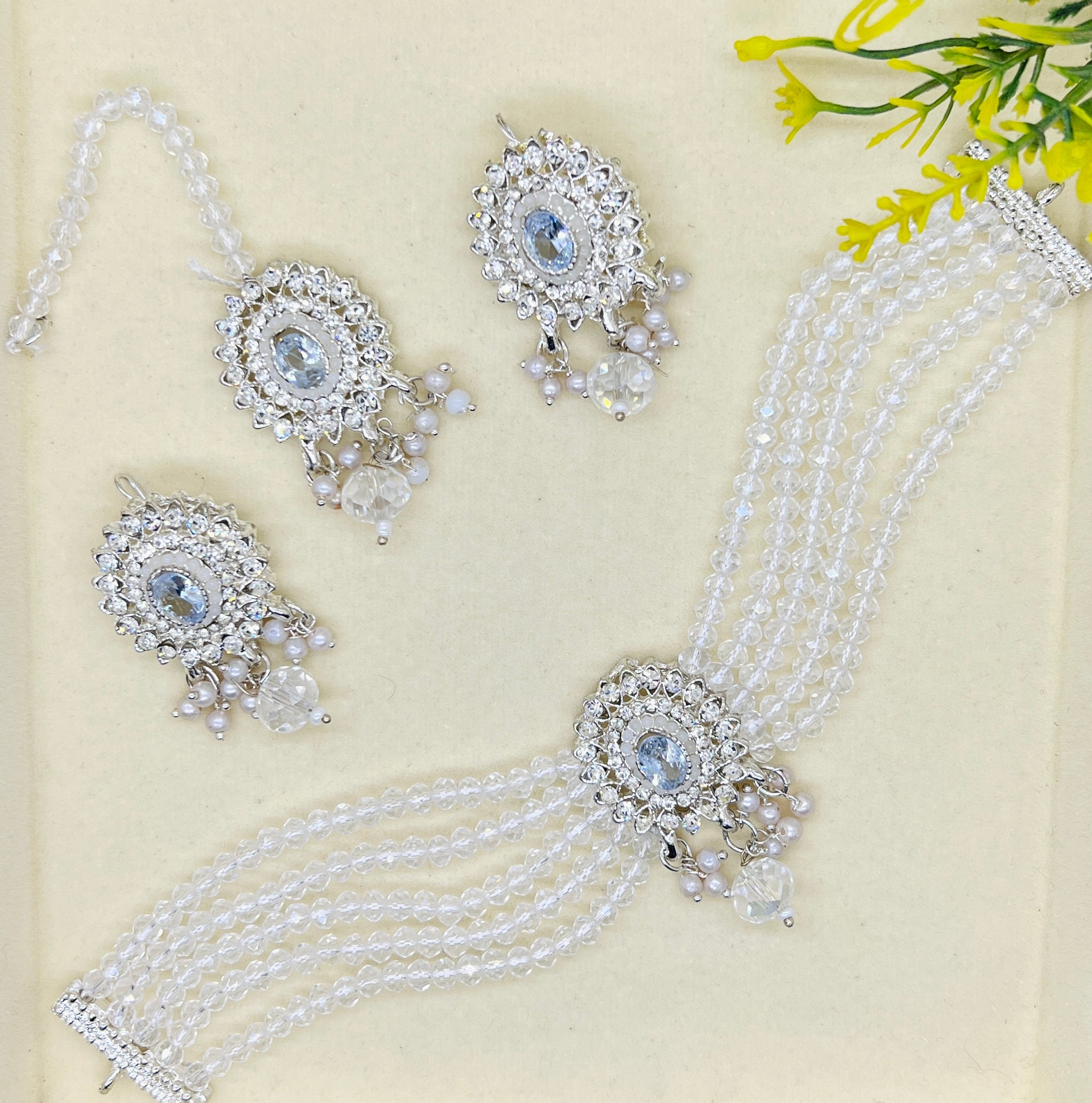 Blue Beaded Choker Set – Silver Finish